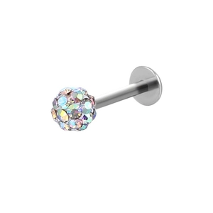 Detail of labret stud with multi-color AB crystal ball and silver stainless steel post