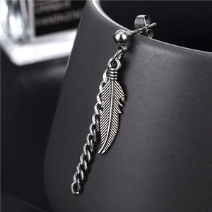 Cross stainless steel feather tassel stud earring for a cool gothic industrial look