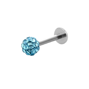 Silver stainless steel labret stud featuring a light blue sparkling crystal ball head