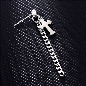 Silver stainless steel cross pendant earring with long curb chain and stud top