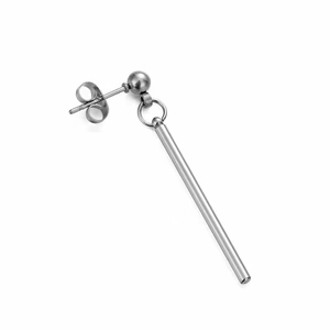 Detailed view of stainless steel drop earrings with cylindrical pendants and butterfly back