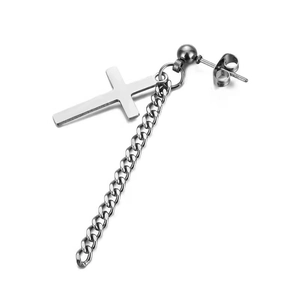 Detail view of silver stainless steel cross stud earring with long curb chain tassel drop