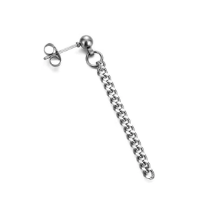 Detailed view of gunmetal stainless steel ball stud earring with long curb chain dangle