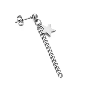 Detail showing silver stainless steel chain earring with a five-pointed star pendant