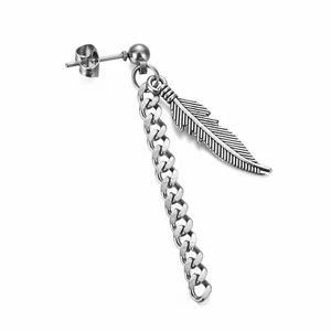 Detail of silver stainless steel earring with Cuban chain and textured feather pendant