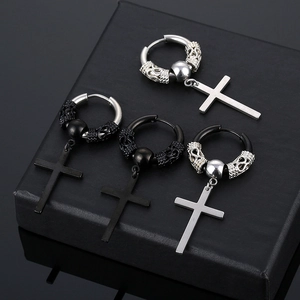 Boucles d'Oreilles Créoles Croix à Motif de Dragon en Acier Inoxydable Rétro Boucle d'os d'oreille Punk Gothique pour Hommes Femmes Bijoux Hip Hop