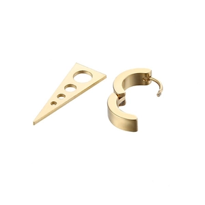 Matte gold stainless steel hoop earrings set with hollow triangle charms on white background
