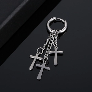 Gothic punk silver stainless steel huggie earring with hanging cross chain tassels