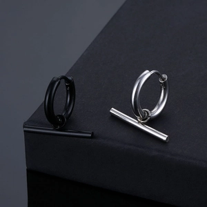 Minimalist stainless steel OT bar hoop earrings in polished silver and black finish