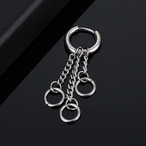 Silver stainless steel hoop earrings with triple hanging chains and punk hip-hop style