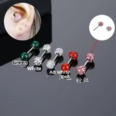 Detail of barbell ear studs set with colorful rhinestones in five vibrant colors