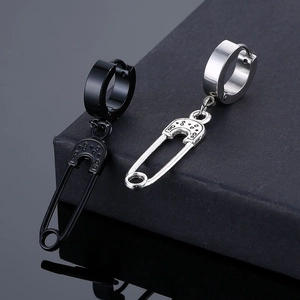 Industrial style stainless steel safety pin earrings in silver and black metal finish