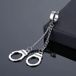 Punk style stainless steel handcuff double chain earrings with Freedom engraving