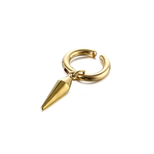 Detail of a golden stainless steel cone hoop earring featuring a minimalist spike charm