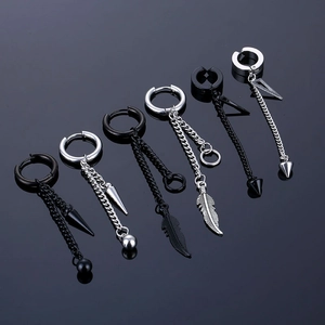 Punk 316L Stainless Steel Dangle Hoop Earrings For Men Women Black Silver Feather Triangle Spike Tassel Chain Earring Street Jewelry