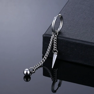 Silver stainless steel huggie earring with tassel chains and conical pendant on black base