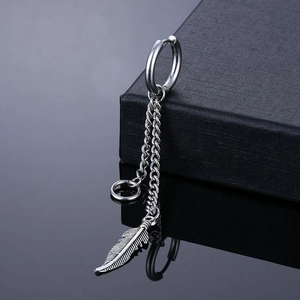 Silver stainless steel huggie hoop earring with long tassel chains and feather pendant