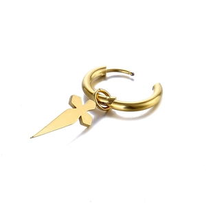Polished gold stainless steel hoop earrings featuring a sharp gothic cross pendant charm
