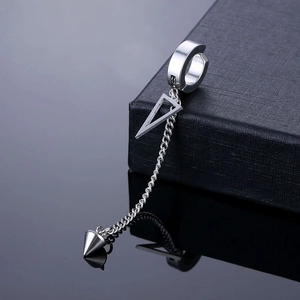 Titanium steel feather chain ear cuff with triangle drop and cone pendant for men