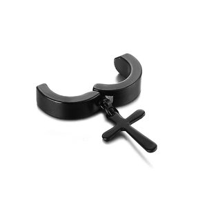 Black titanium steel ear clip featuring a minimalist cross pendant in punk street style