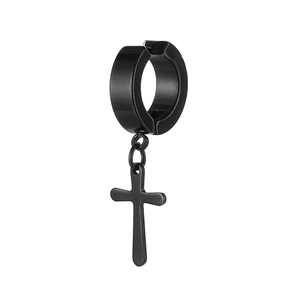 Black titanium steel ear clip with minimalist hanging cross pendant on white background