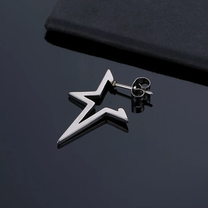Pentagram star stud earring in matte stainless steel with butterfly back on black background