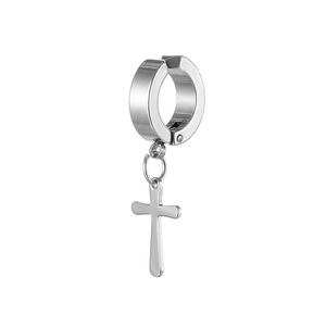 Polished titanium steel cross pendant earring with minimalist silver clip design