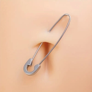 Minimalist silver stainless steel safety pin belly ring worn on a person