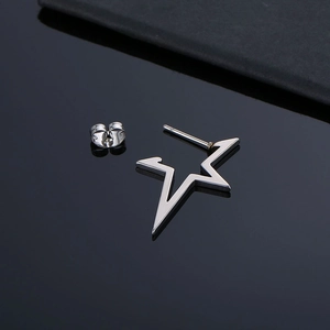 Macro view of a silver pentagram stud earring in titanium steel with smooth metallic finish