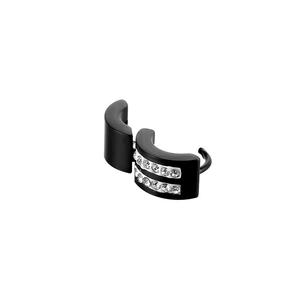 Detail view of black stainless steel ear cuff with double row of white rhinestones