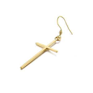 Golden matte stainless steel cross dangle earring for men and women on white background