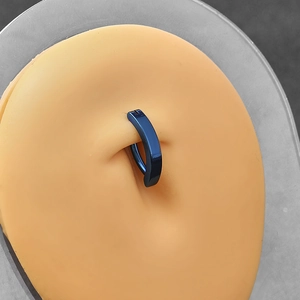 Minimalist dark blue titanium steel belly button hoop ring shown on a body model