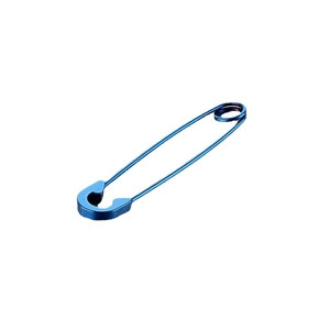 Minimalist stainless steel safety pin earrings in electric blue finish on white background