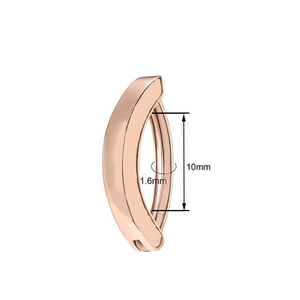 Macro detail of rose gold curved barbell belly ring with 1.6mm gauge and 10mm length specs
