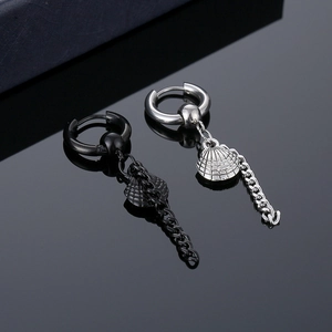 Pendientes de Aro de Acero Inoxidable Punk con Colgante de Concha y Borla para Hombres Mujeres Joyería de Acero de Titanio 316L