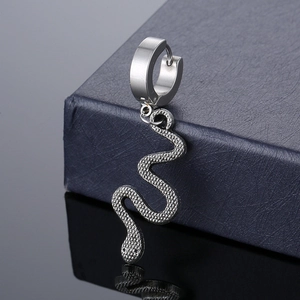 Polished silver stainless steel hoop earrings with snake pendant on dark jewelry box