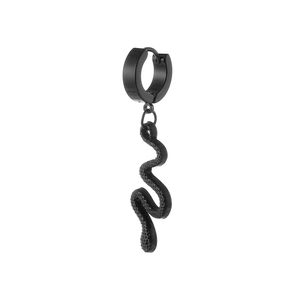 Detailed close-up of a black stainless steel snake drop earring with a textured finish