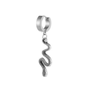 Snake drop earrings in silver stainless steel with detailed scale texture and hoop charm