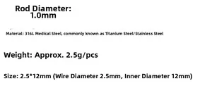 Tableau de spécifications pour boucles d'oreilles acier 316L avec tige de 1,0mm et 12mm