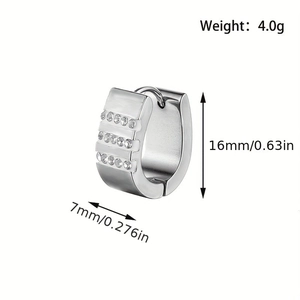 Detailed view of silver stainless steel U-hoop earring with cubic zirconia and size specs