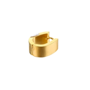 Macro detail of golden stainless steel U-shaped huggie hoop earring with brushed finish