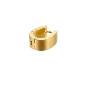 Polished golden stainless steel U-shaped huggie earrings with engraved white lettering