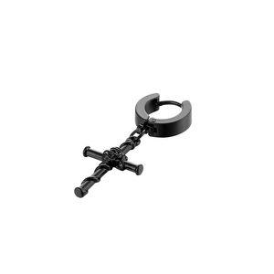 Gothic black titanium steel hoop earrings with cross pendant and rose vine detail
