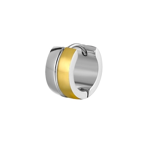 Minimalist two-tone silver and gold huggie hoop earrings in high-polished stainless steel