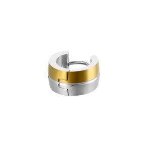 Detailed view of two-tone gold and silver stainless steel hinged huggie hoop earrings