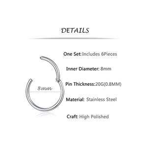 Set of 6 high polished 316L stainless steel hinged segment rings with 8mm inner diameter