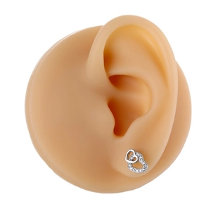 Detail view of double heart stud earring with micro-set zircon on silicone ear model