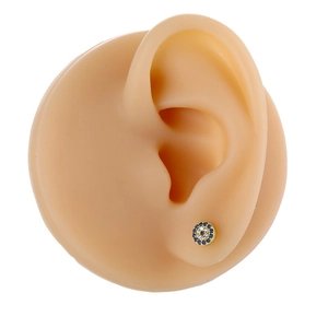 Detail of copper micro-set evil eye stud earring with blue stones and center zircon