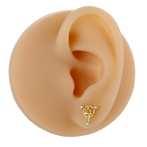 Exquisite copper geometric airplane stud earring with red gemstone and zircon accents