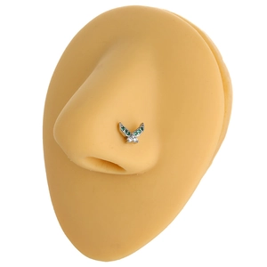 20G L-shaped nose stud featuring butterfly wings set with green and white zircon